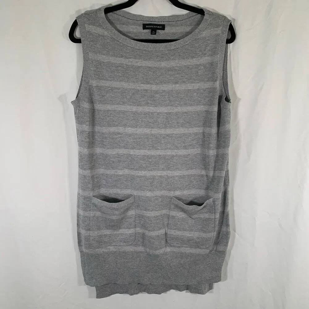 Banana Republic Sweater Dress Women's Medium Grey Striped Sleeveless Pockets